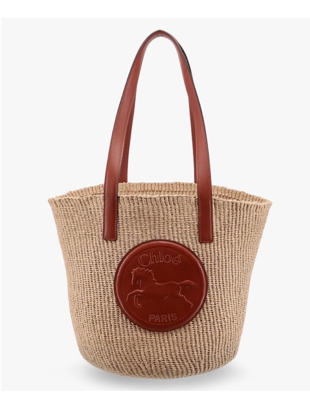 CHLOE Horse Medal Woody raffia basket shoulder tote bag